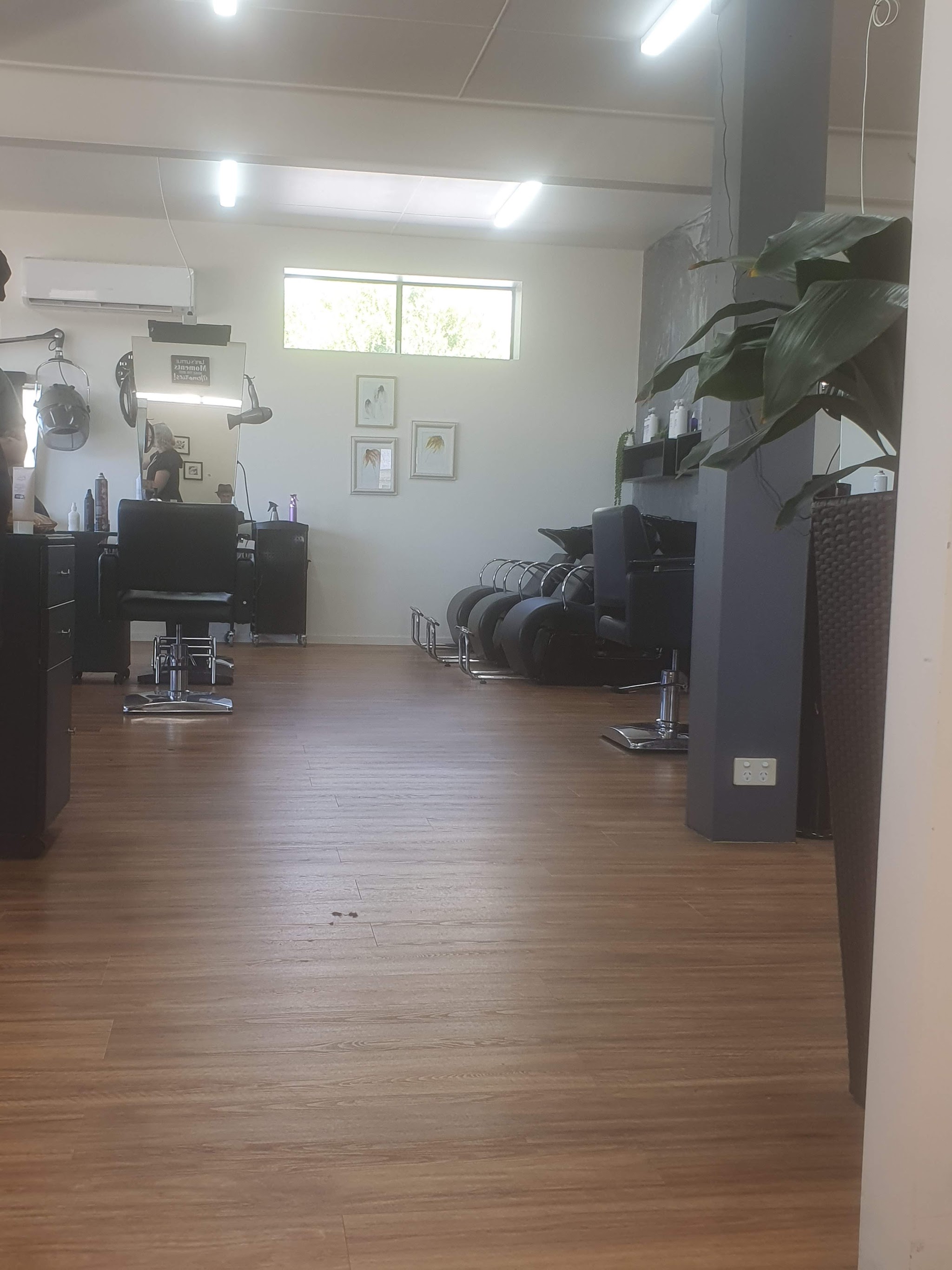 Inside Prospect Hair & Beauty: styling chairs, wash basins and a leafy plant